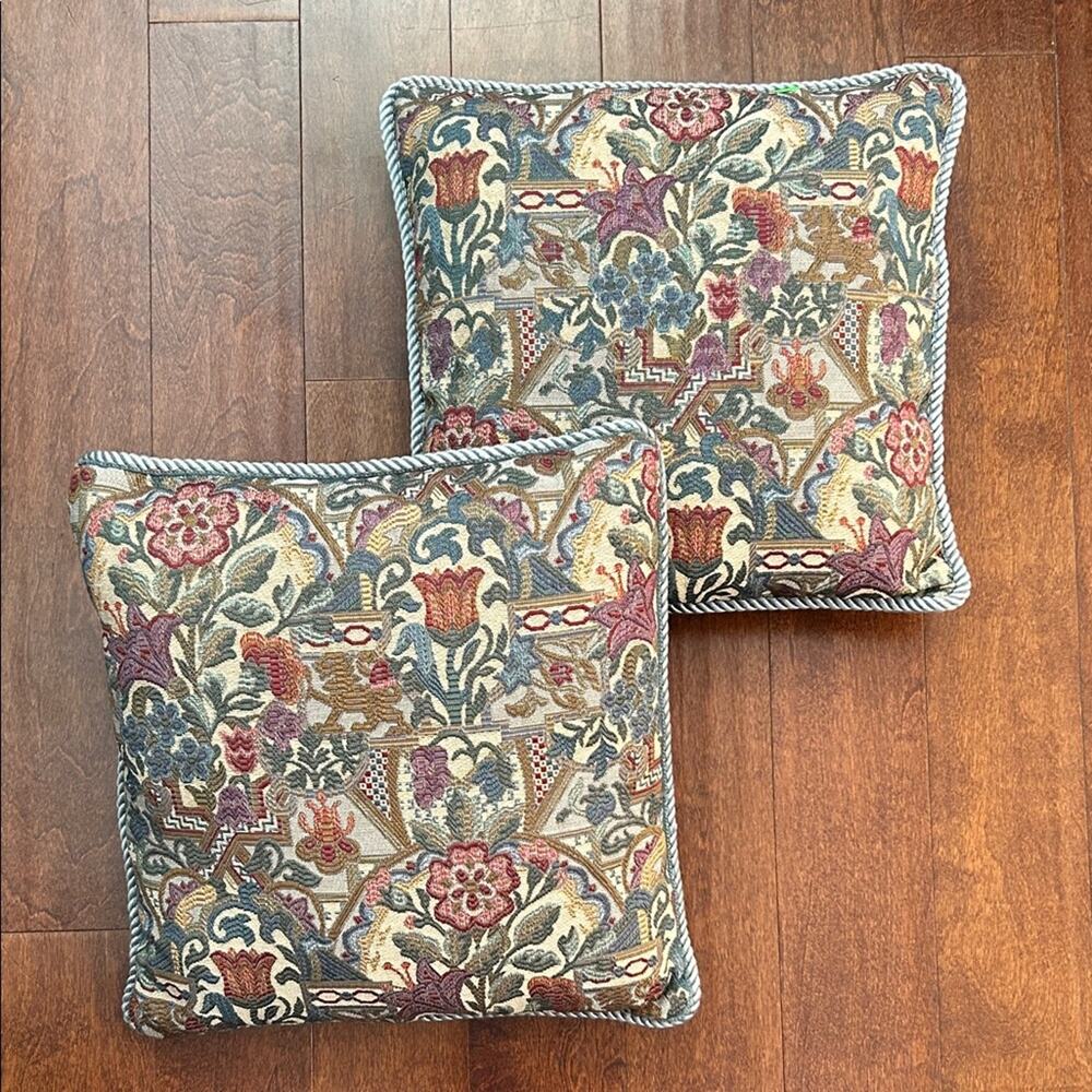 Vintage Floral and Lion Tapestry Accent Pillow Set of Two, Castlecore Bohemian